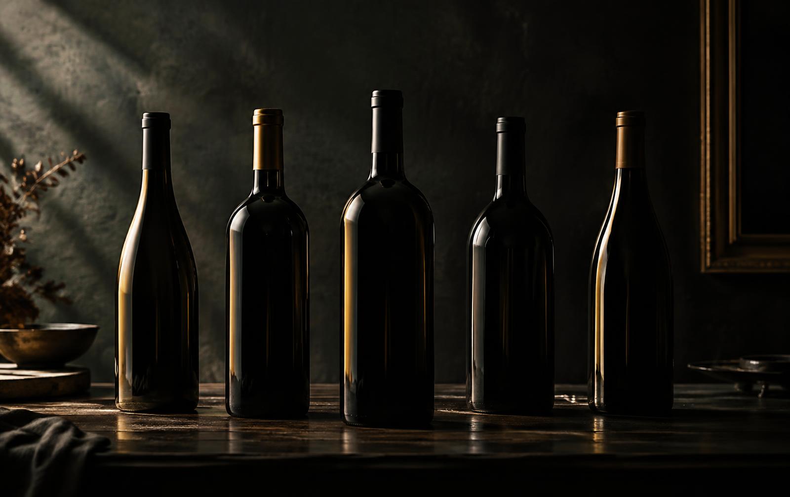 Five wine bottles lined up on a dark table